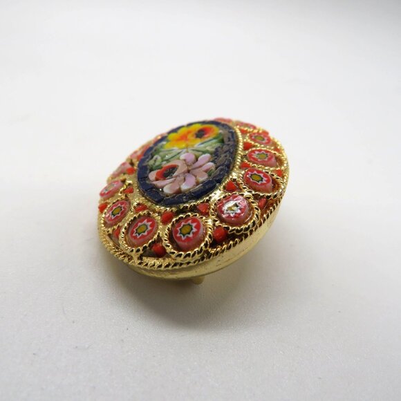 Vintage Italian Micro Mosaic Floral Brooch Millefiori Pin Gold Tone Oval Shape - Picture 6 of 13
